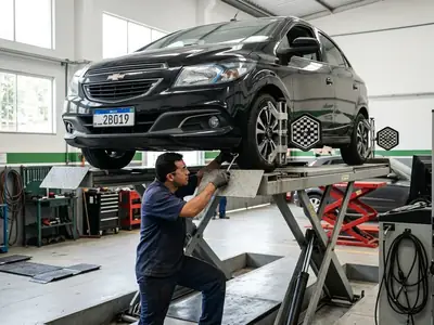 Carro na rampa de alinhamento com os alvos presos nas rodas