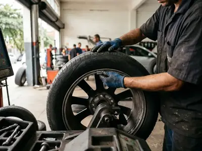 Roda montada na balanceadora sendo ajustada pelo técnico