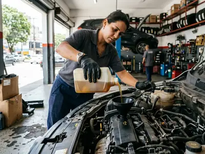 Mecânica trocando o óleo do motor de um carro na oficina