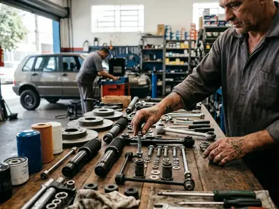 Bancada com discos de freio, filtros e peças automotivas organizadas